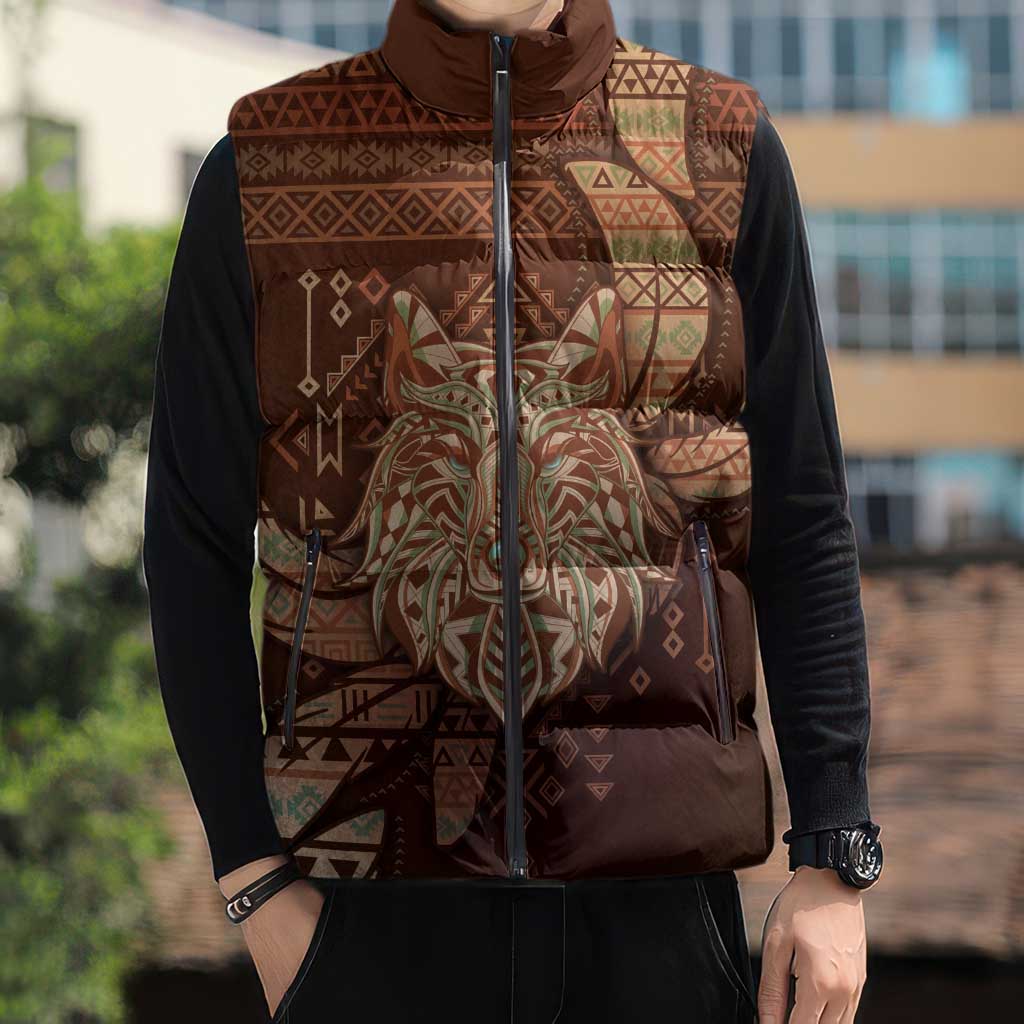 Personalized Wolf Native American Sleeveless Puffer Jacket Tribal Geometric Earth Tone