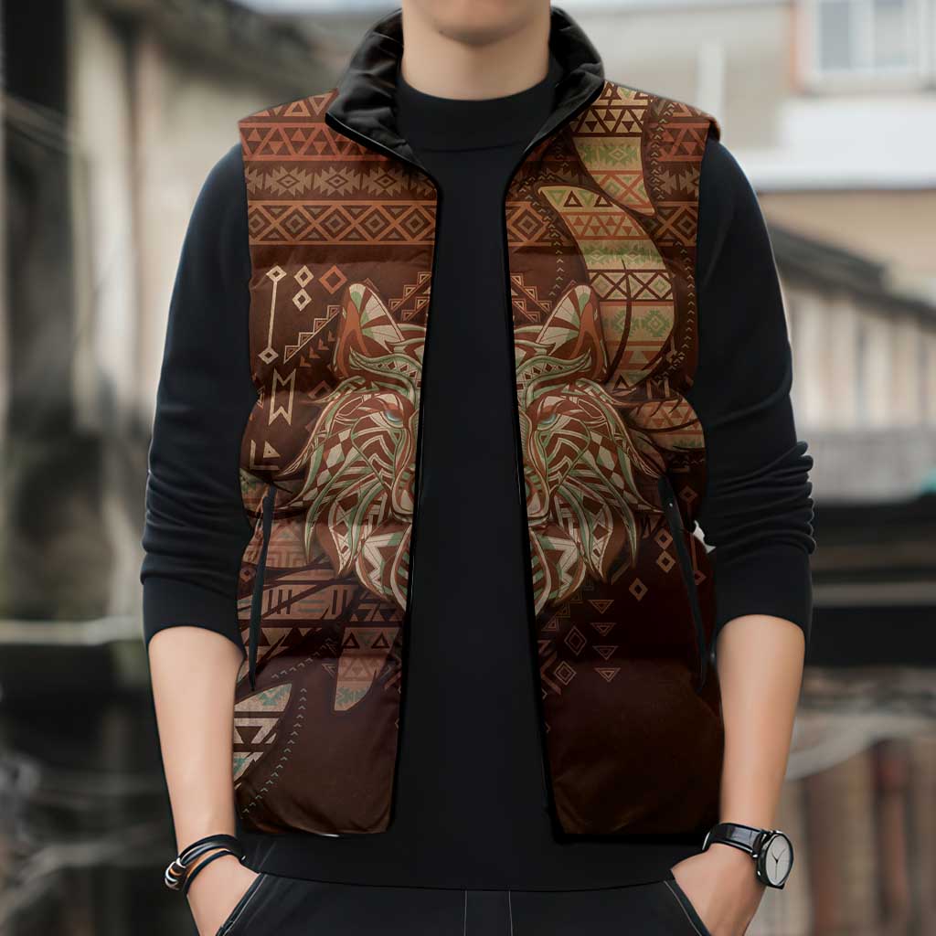 Personalized Wolf Native American Sleeveless Puffer Jacket Tribal Geometric Earth Tone