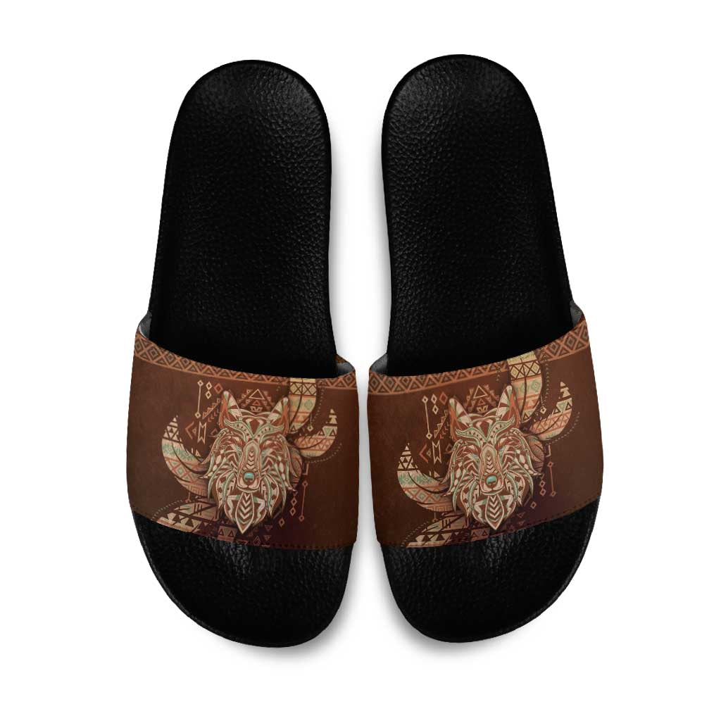 Wolf Native American Slide Sandals Tribal Geometric Earth Tone
