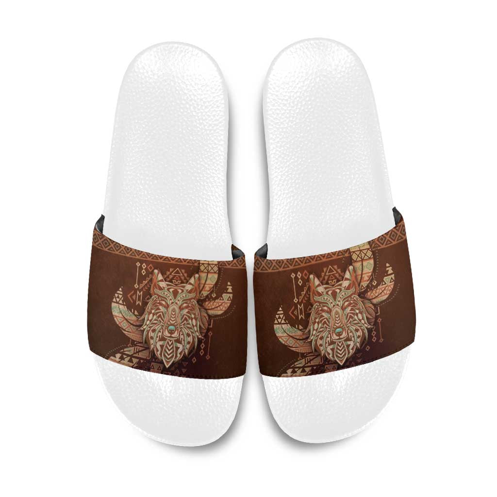 Wolf Native American Slide Sandals Tribal Geometric Earth Tone