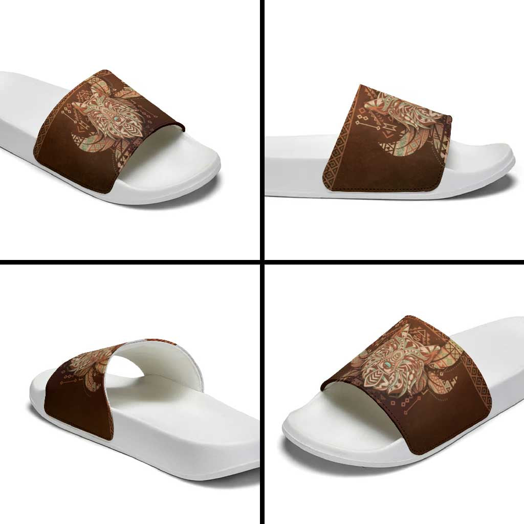 Wolf Native American Slide Sandals Tribal Geometric Earth Tone