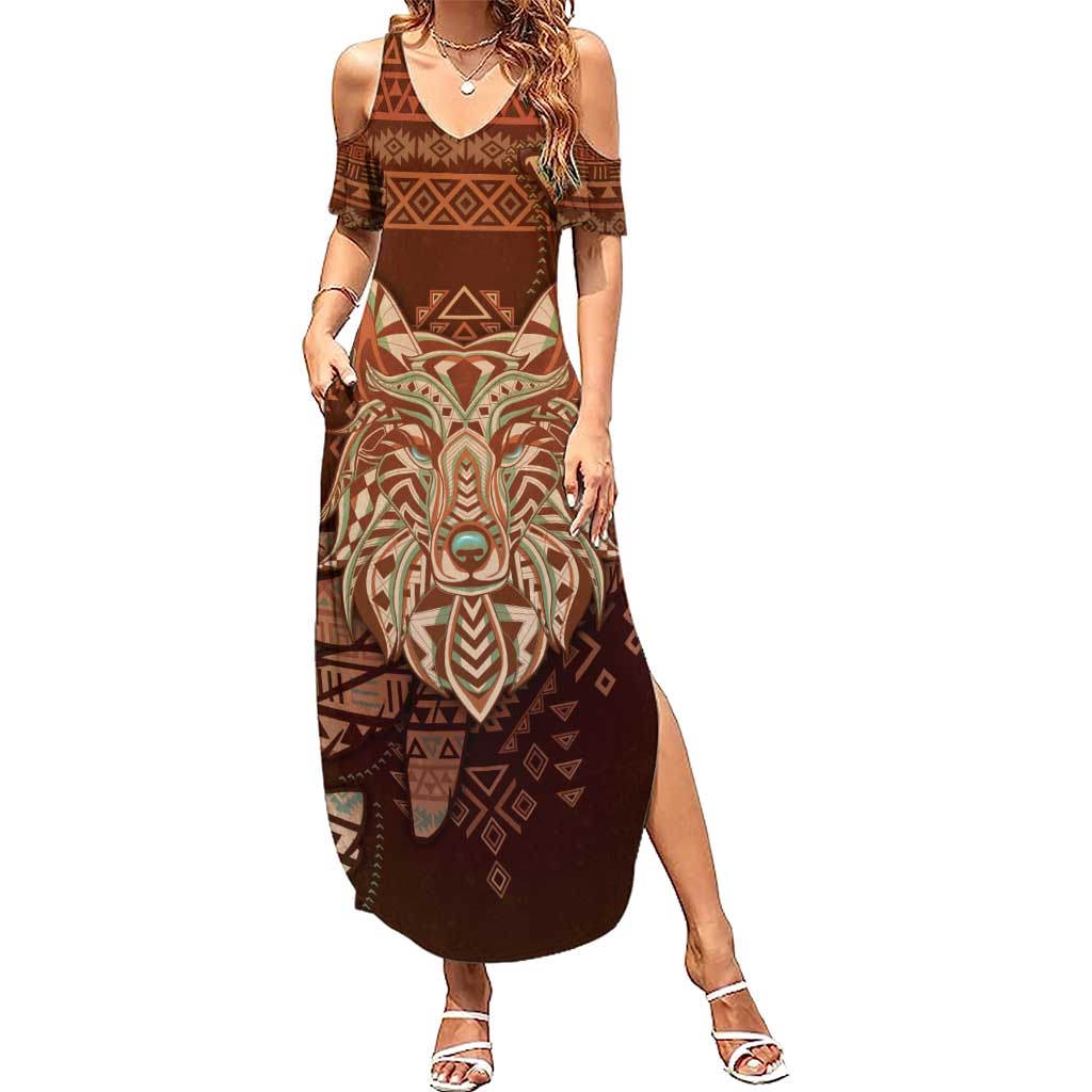 Personalized Wolf Native American Summer Maxi Dress Tribal Geometric Earth Tone