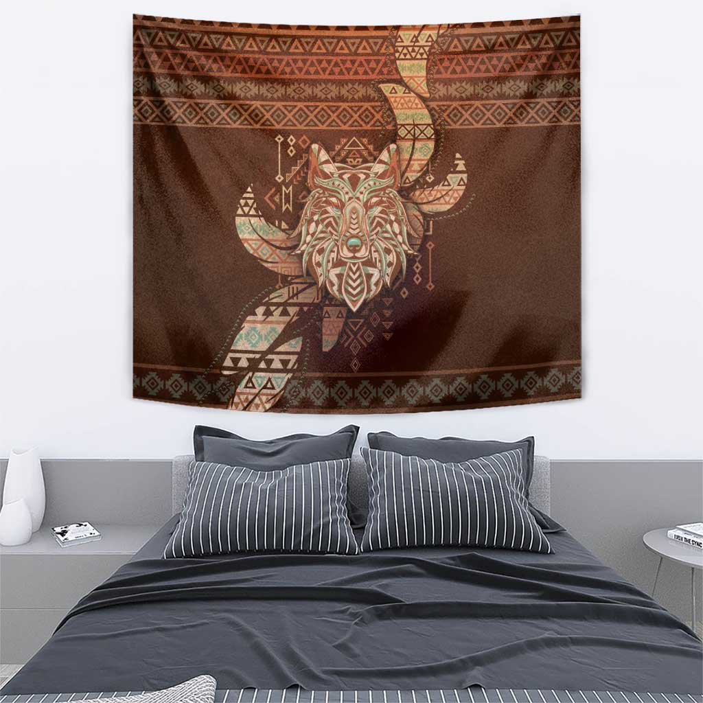 Wolf Native American Tapestry Tribal Geometric Earth Tone