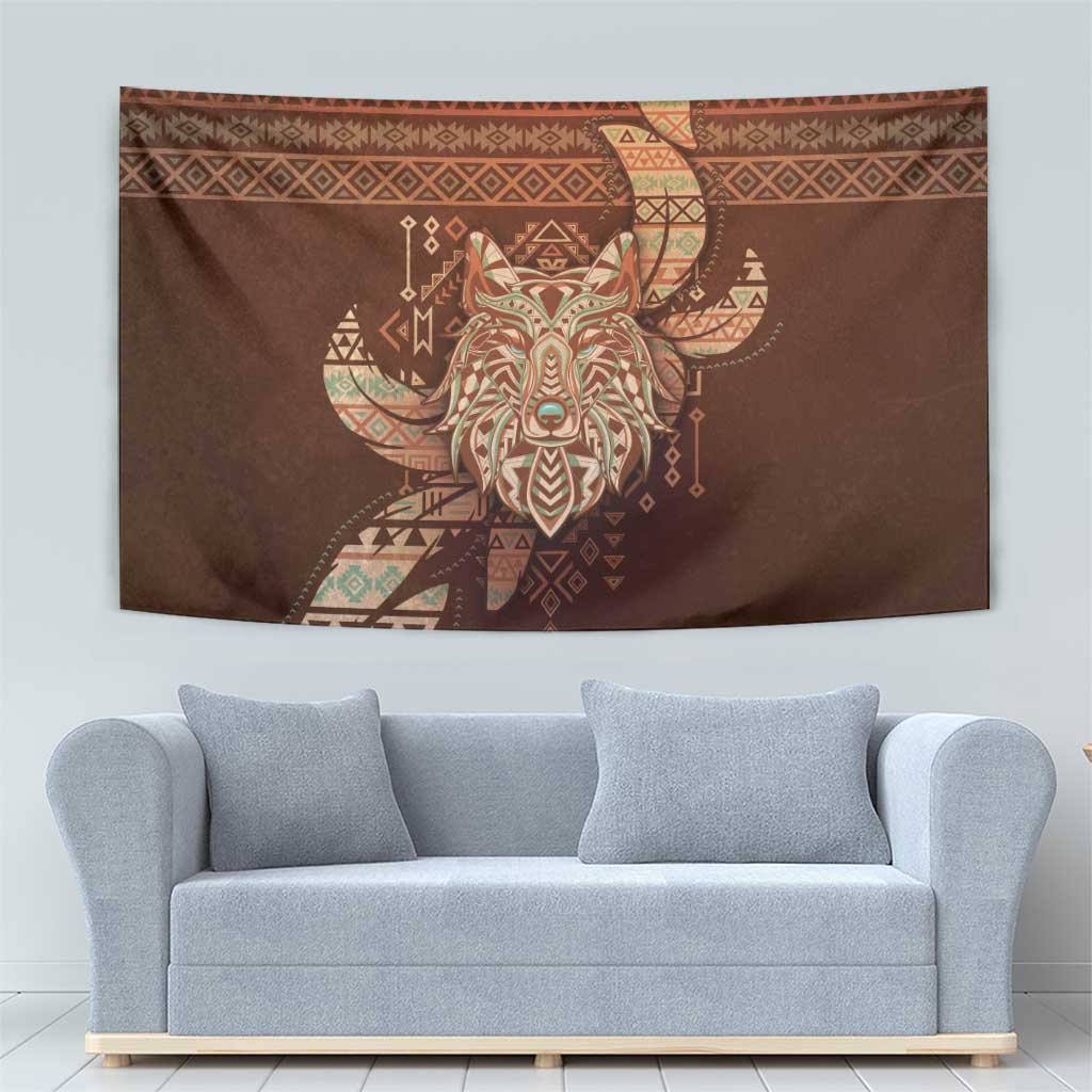 Wolf Native American Tapestry Tribal Geometric Earth Tone