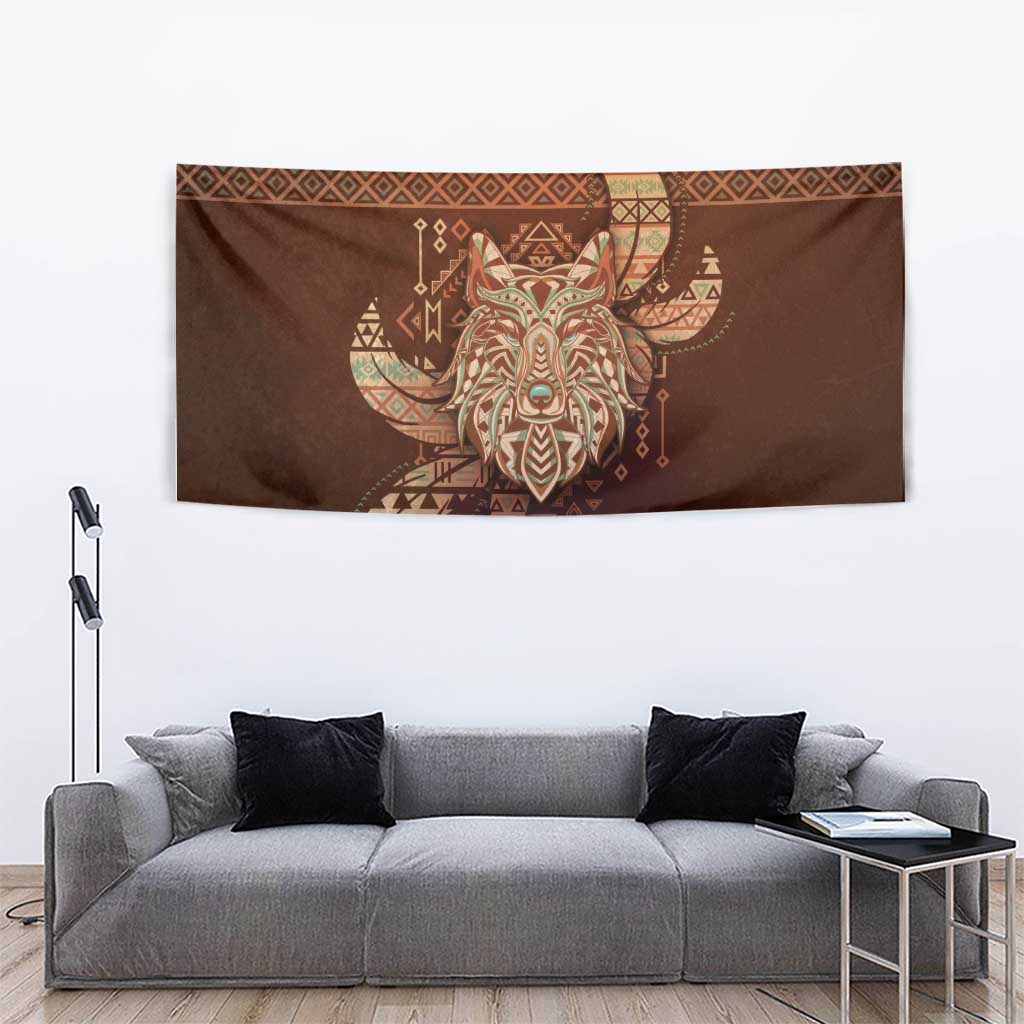 Wolf Native American Tapestry Tribal Geometric Earth Tone