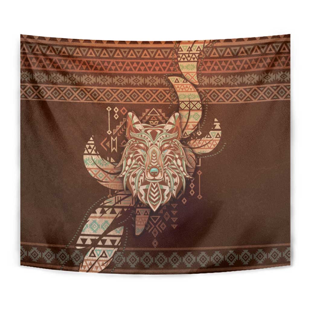 Wolf Native American Tapestry Tribal Geometric Earth Tone