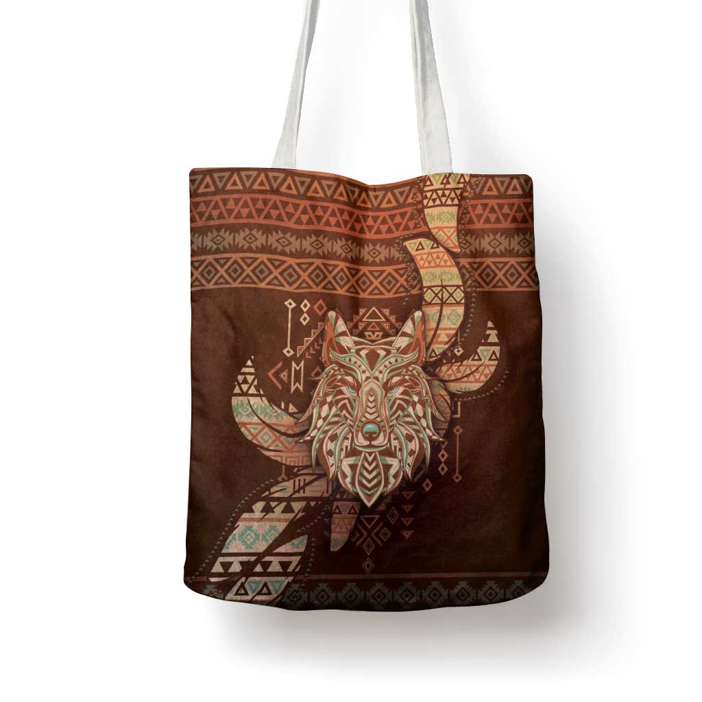 Wolf Native American Tote Bag Tribal Geometric Earth Tone