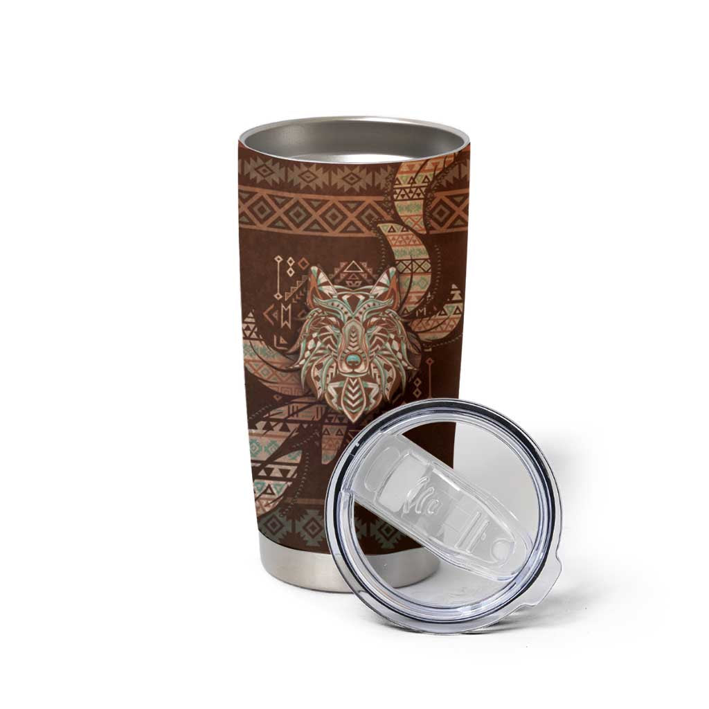 Personalized Wolf Native American Tumbler Cup Tribal Geometric Earth Tone