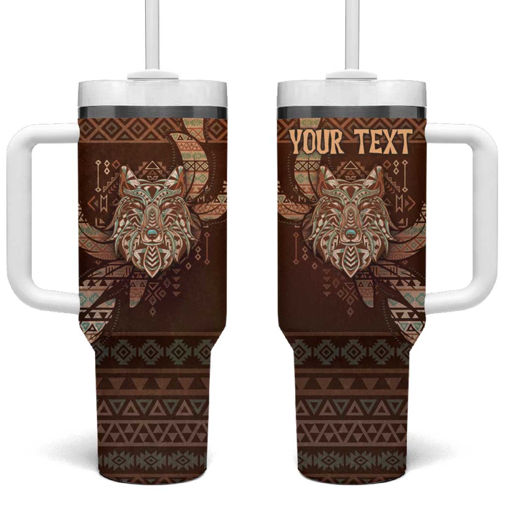 Personalized Wolf Native American Tumbler With Handle Tribal Geometric Earth Tone