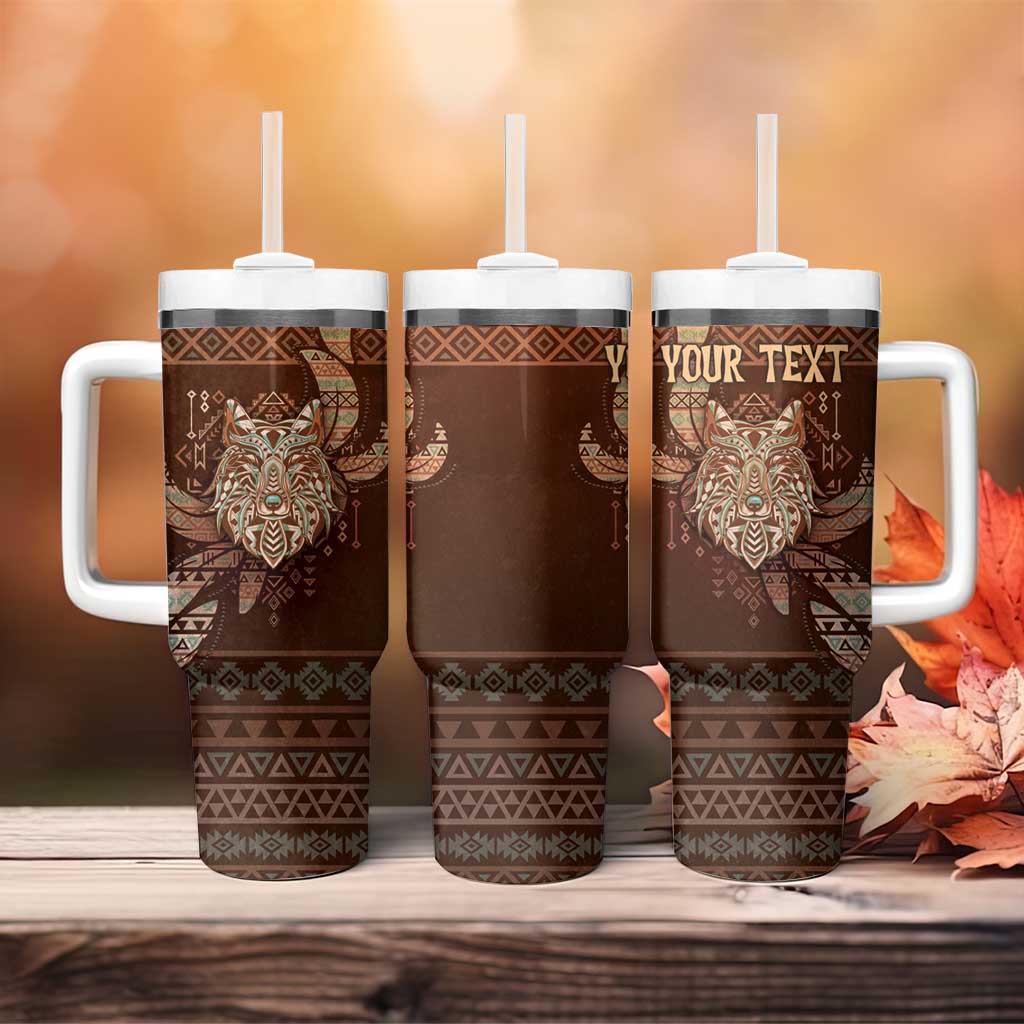 Personalized Wolf Native American Tumbler With Handle Tribal Geometric Earth Tone
