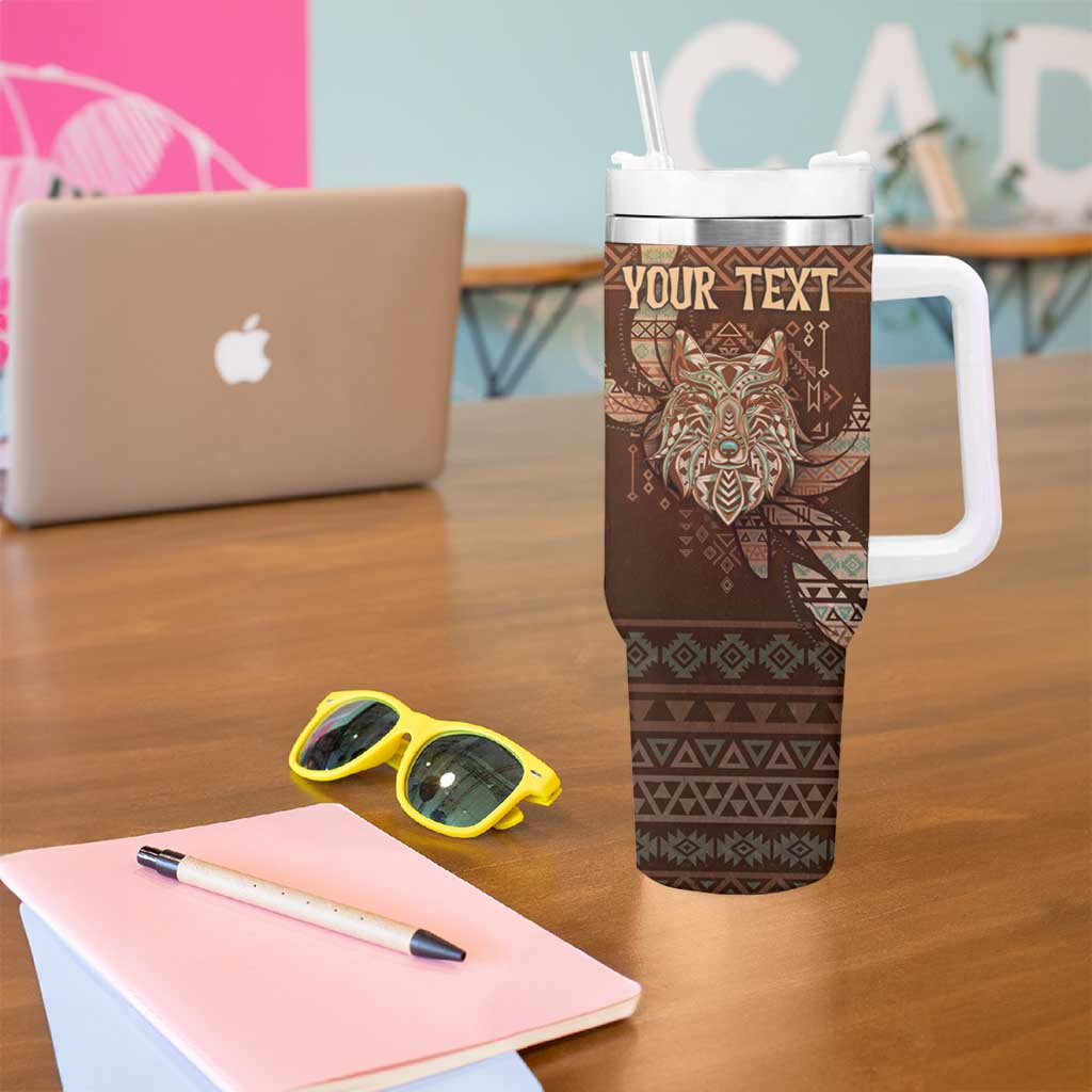 Personalized Wolf Native American Tumbler With Handle Tribal Geometric Earth Tone