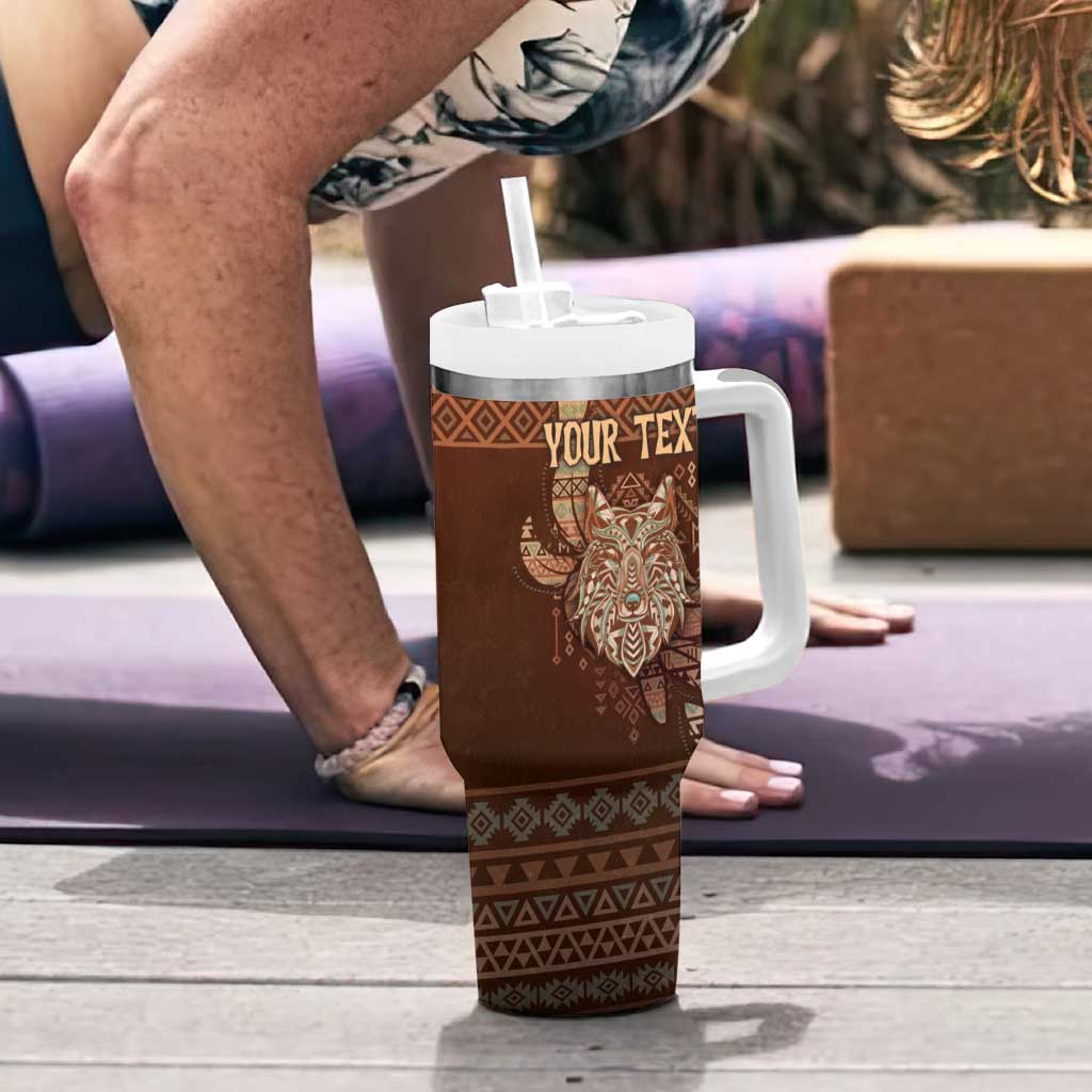 Personalized Wolf Native American Tumbler With Handle Tribal Geometric Earth Tone