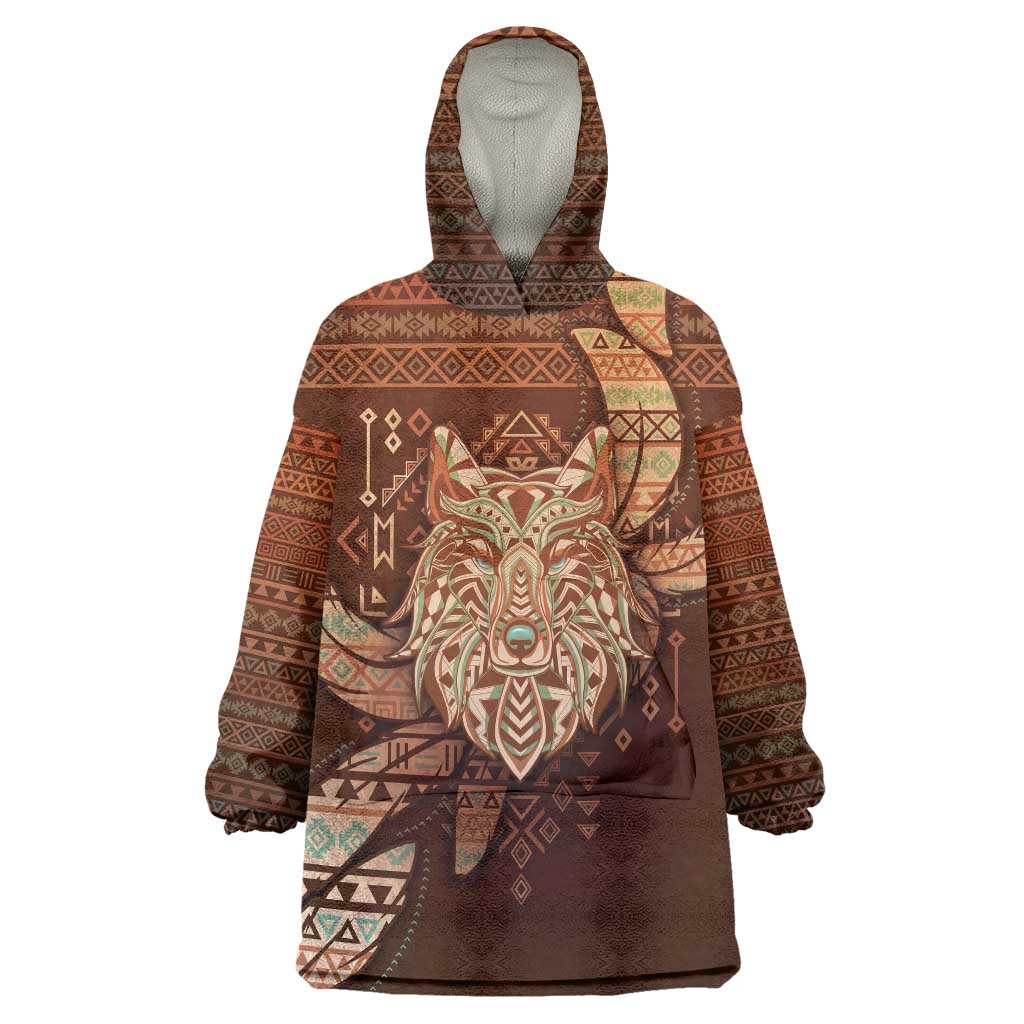 Personalized Wolf Native American Wearable Blanket Hoodie Tribal Geometric Earth Tone