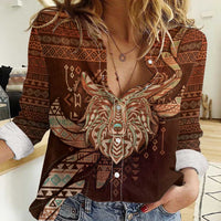 Personalized Wolf Native American Women Casual Shirt Tribal Geometric Earth Tone