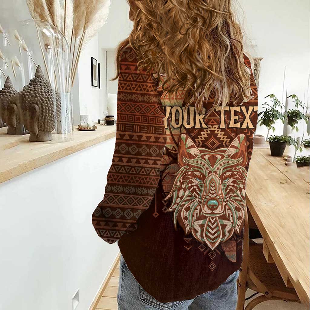 Personalized Wolf Native American Women Casual Shirt Tribal Geometric Earth Tone