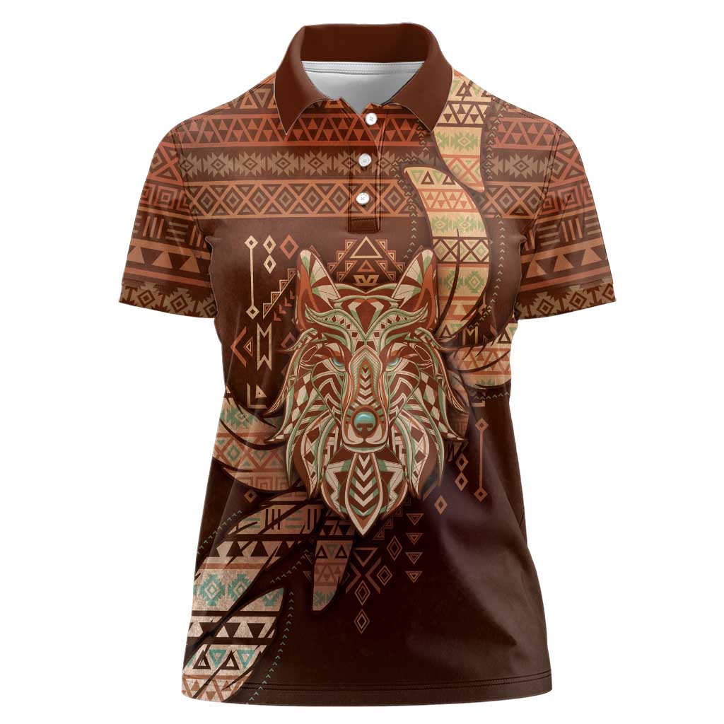 Personalized Wolf Native American Women Polo Shirt Tribal Geometric Earth Tone