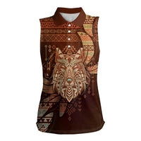Personalized Wolf Native American Women Sleeveless Polo Shirt Tribal Geometric Earth Tone