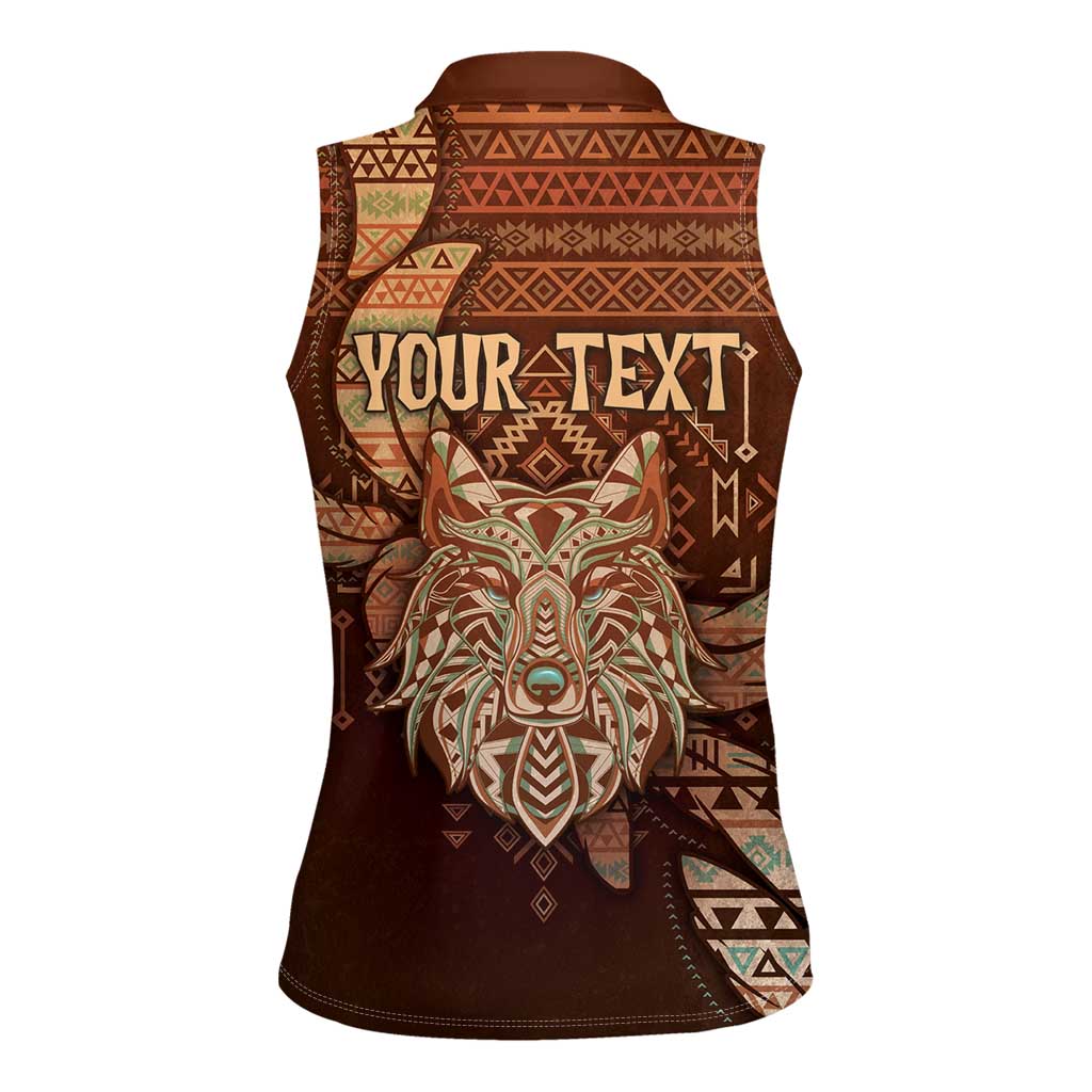 Personalized Wolf Native American Women Sleeveless Polo Shirt Tribal Geometric Earth Tone