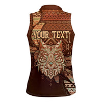 Personalized Wolf Native American Women Sleeveless Polo Shirt Tribal Geometric Earth Tone