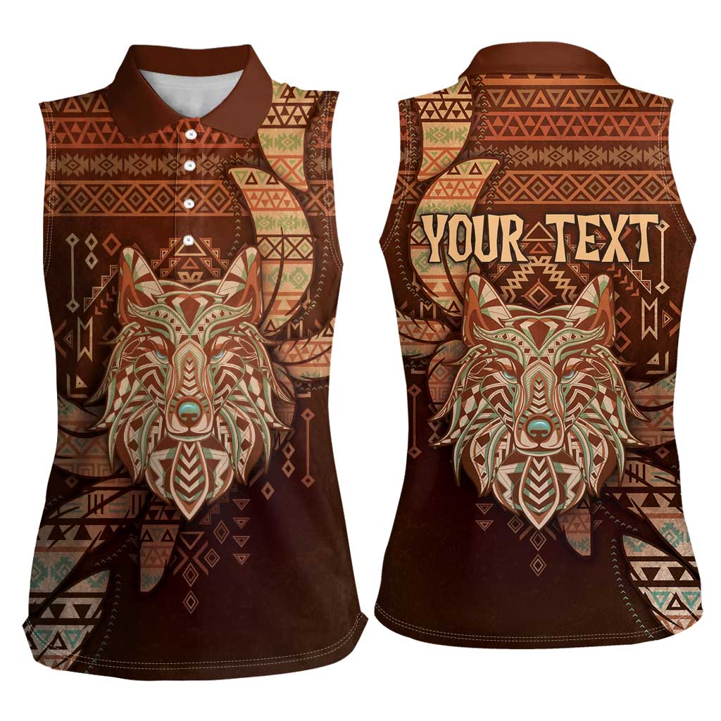 Personalized Wolf Native American Women Sleeveless Polo Shirt Tribal Geometric Earth Tone