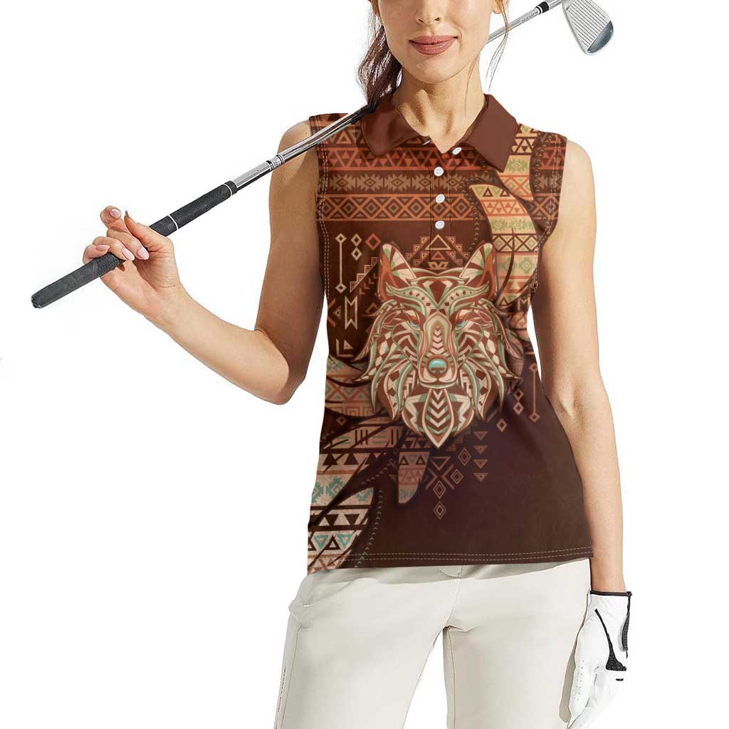Personalized Wolf Native American Women Sleeveless Polo Shirt Tribal Geometric Earth Tone