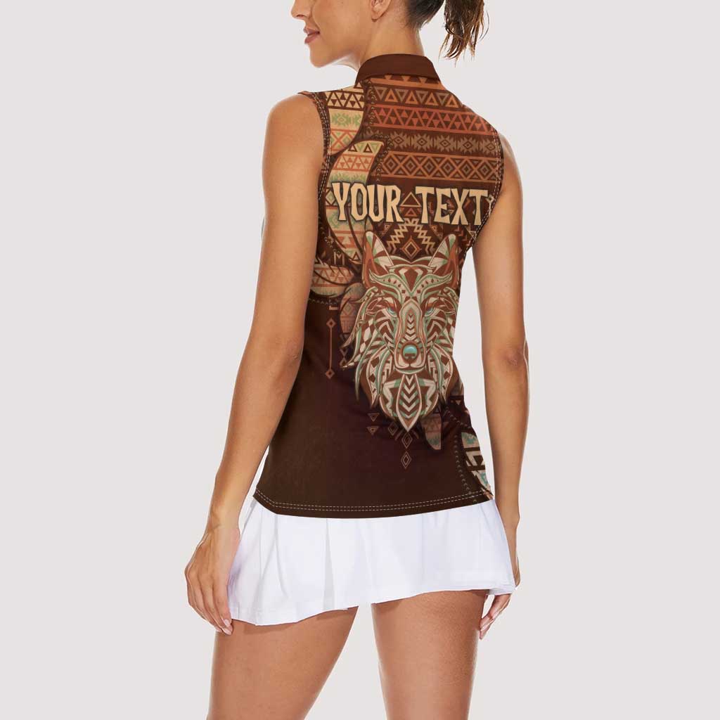 Personalized Wolf Native American Women Sleeveless Polo Shirt Tribal Geometric Earth Tone