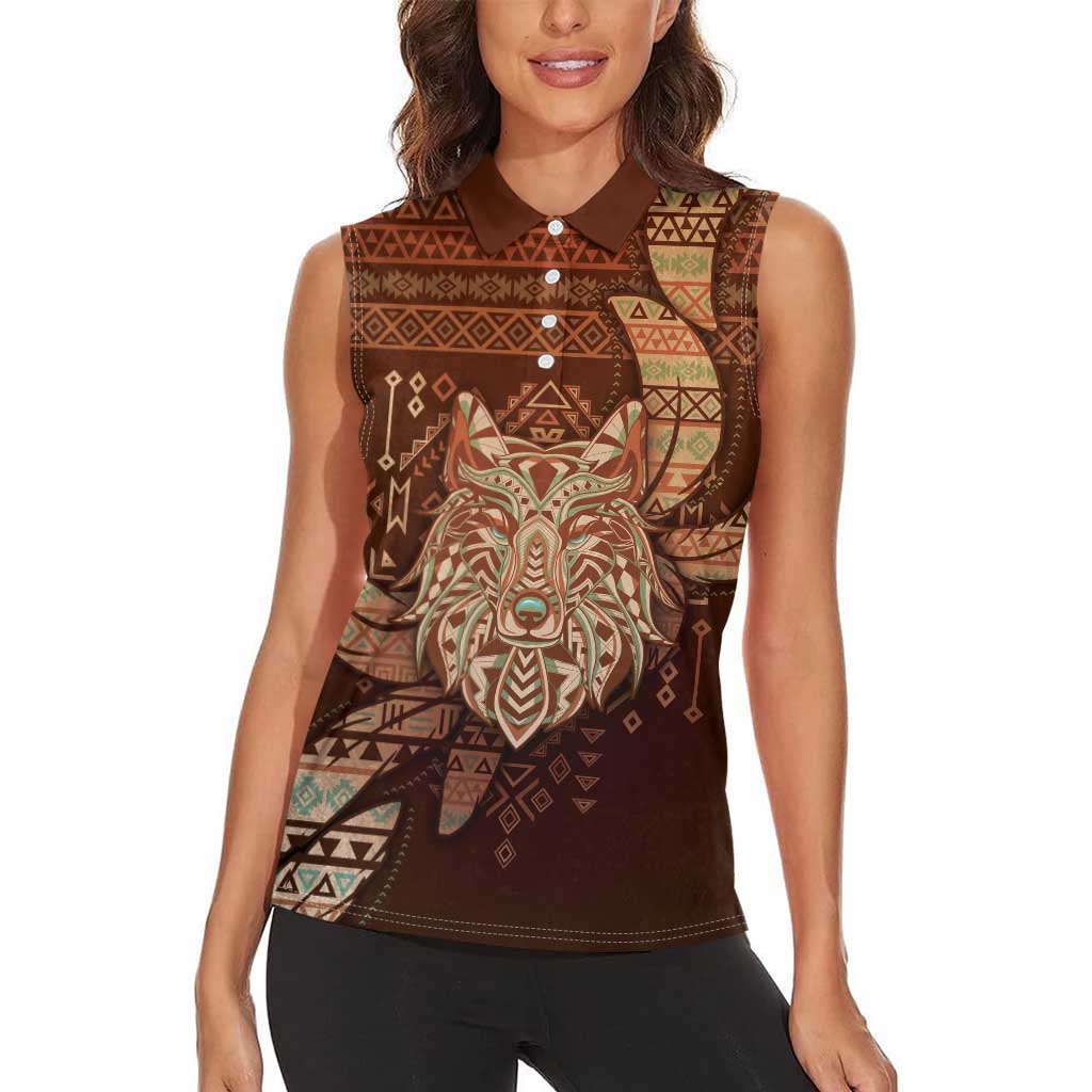 Personalized Wolf Native American Women Sleeveless Polo Shirt Tribal Geometric Earth Tone