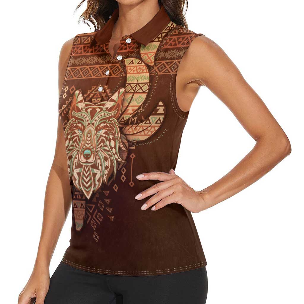Personalized Wolf Native American Women Sleeveless Polo Shirt Tribal Geometric Earth Tone