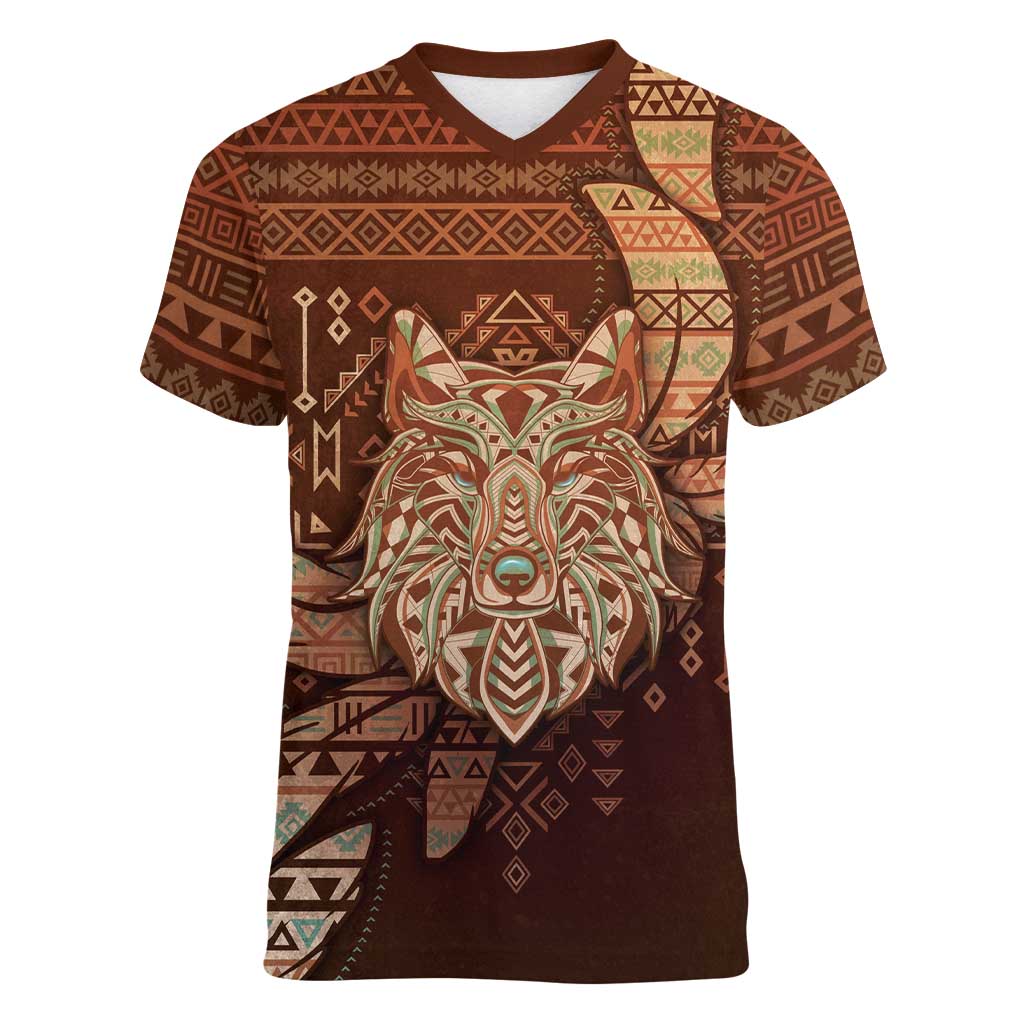 Personalized Wolf Native American Women V-Neck T-Shirt Tribal Geometric Earth Tone