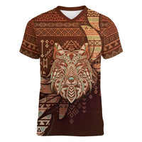 Personalized Wolf Native American Women V-Neck T-Shirt Tribal Geometric Earth Tone