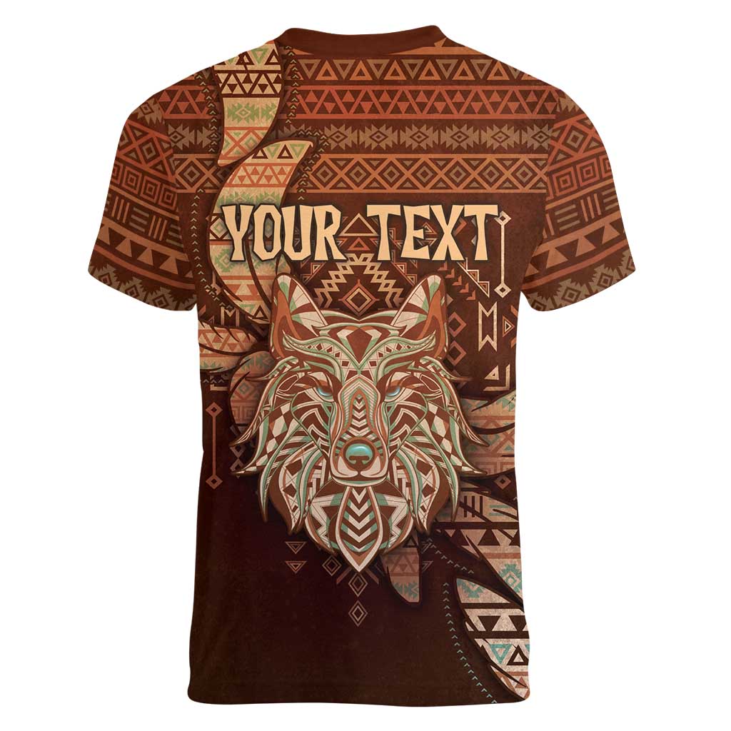 Personalized Wolf Native American Women V-Neck T-Shirt Tribal Geometric Earth Tone