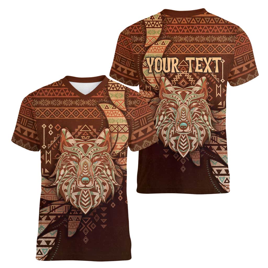 Personalized Wolf Native American Women V-Neck T-Shirt Tribal Geometric Earth Tone