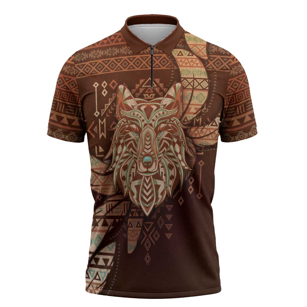 Personalized Wolf Native American Zipper Polo Shirt Tribal Geometric Earth Tone