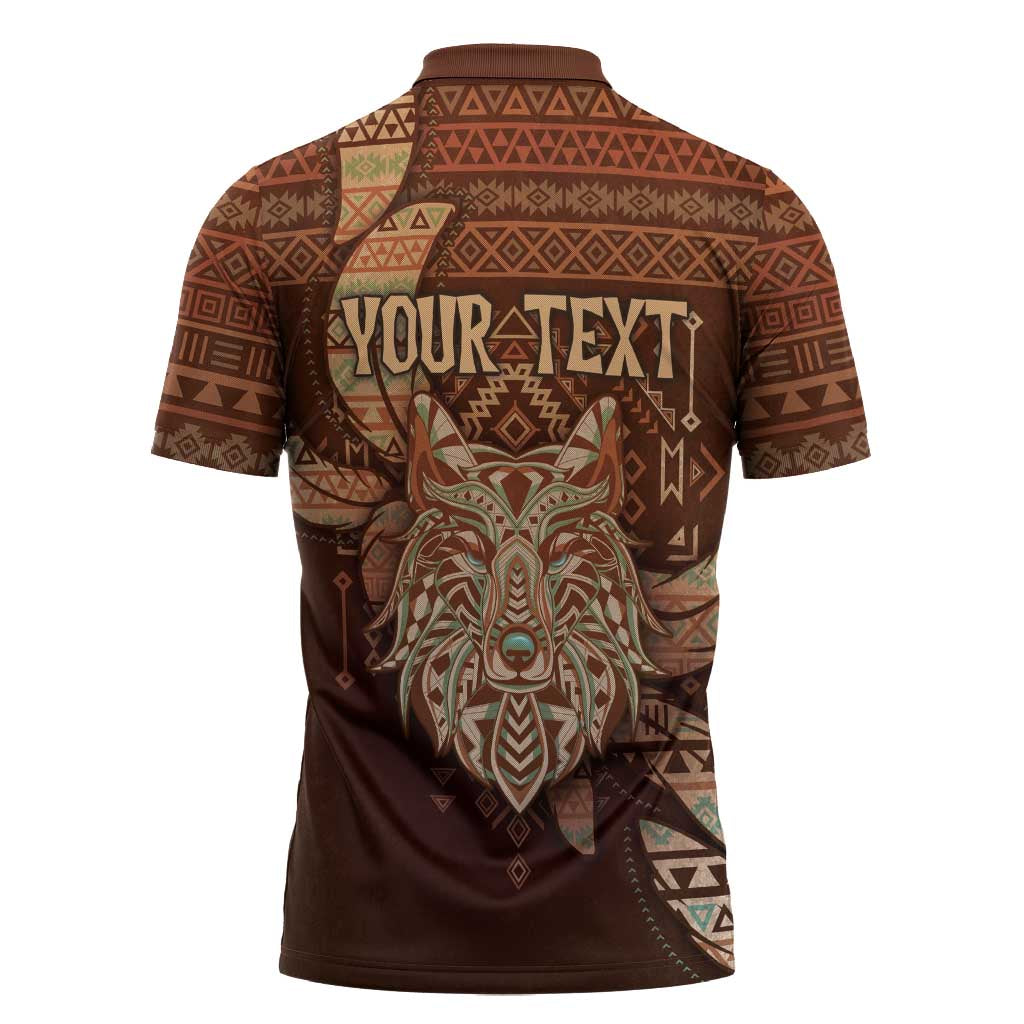 Personalized Wolf Native American Zipper Polo Shirt Tribal Geometric Earth Tone