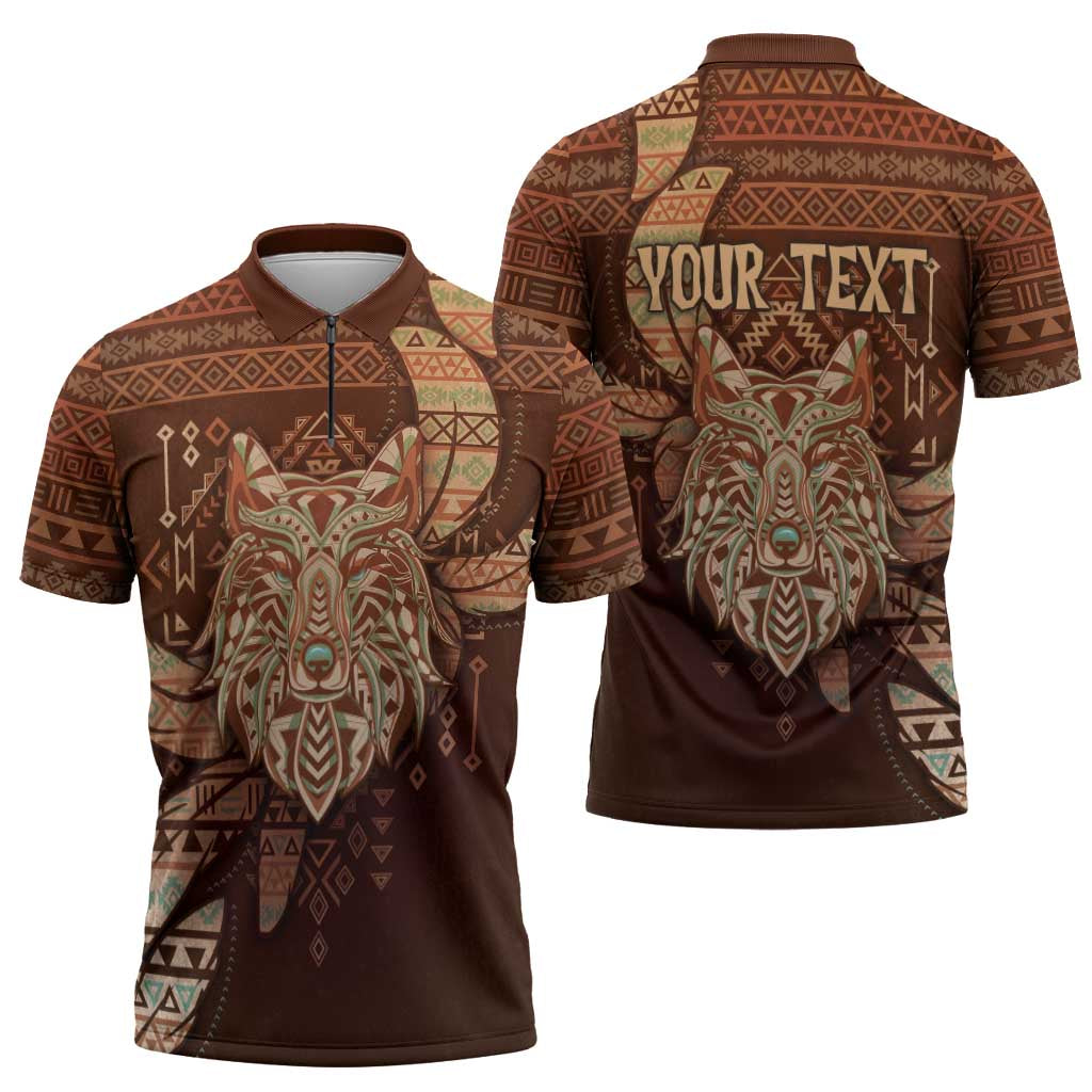 Personalized Wolf Native American Zipper Polo Shirt Tribal Geometric Earth Tone