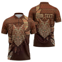 Personalized Wolf Native American Zipper Polo Shirt Tribal Geometric Earth Tone