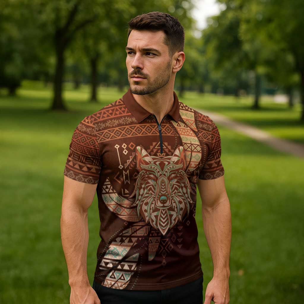 Personalized Wolf Native American Zipper Polo Shirt Tribal Geometric Earth Tone