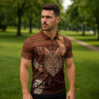 Personalized Wolf Native American Zipper Polo Shirt Tribal Geometric Earth Tone