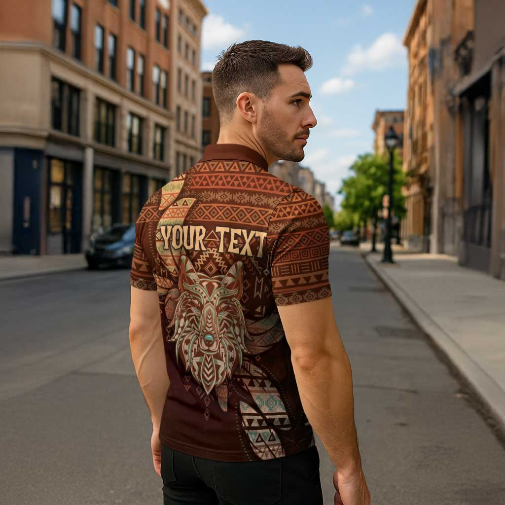 Personalized Wolf Native American Zipper Polo Shirt Tribal Geometric Earth Tone