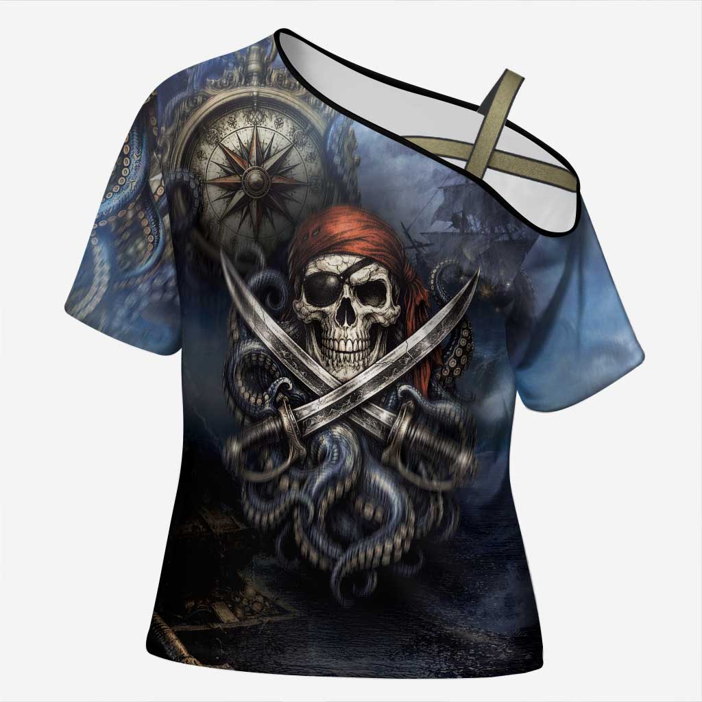 Pirates Skull Cross Shoulder Shirt Kraken Sea Monster Tentacles Deep Legend