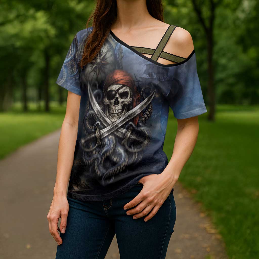 Pirates Skull Cross Shoulder Shirt Kraken Sea Monster Tentacles Deep Legend