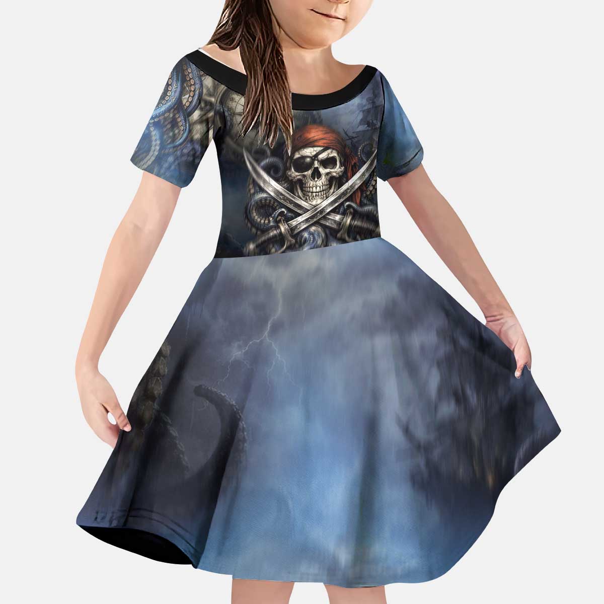 Pirates Skull Kid Short Sleeve Dress Kraken Sea Monster Tentacles Deep Legend