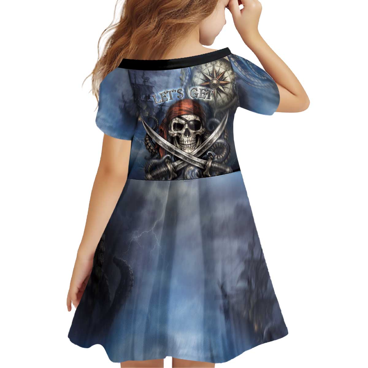 Pirates Skull Kid Short Sleeve Dress Kraken Sea Monster Tentacles Deep Legend