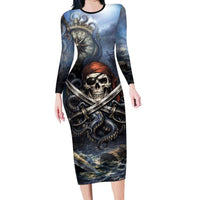 Pirates Skull Long Sleeve Bodycon Dress Kraken Sea Monster Tentacles Deep Legend