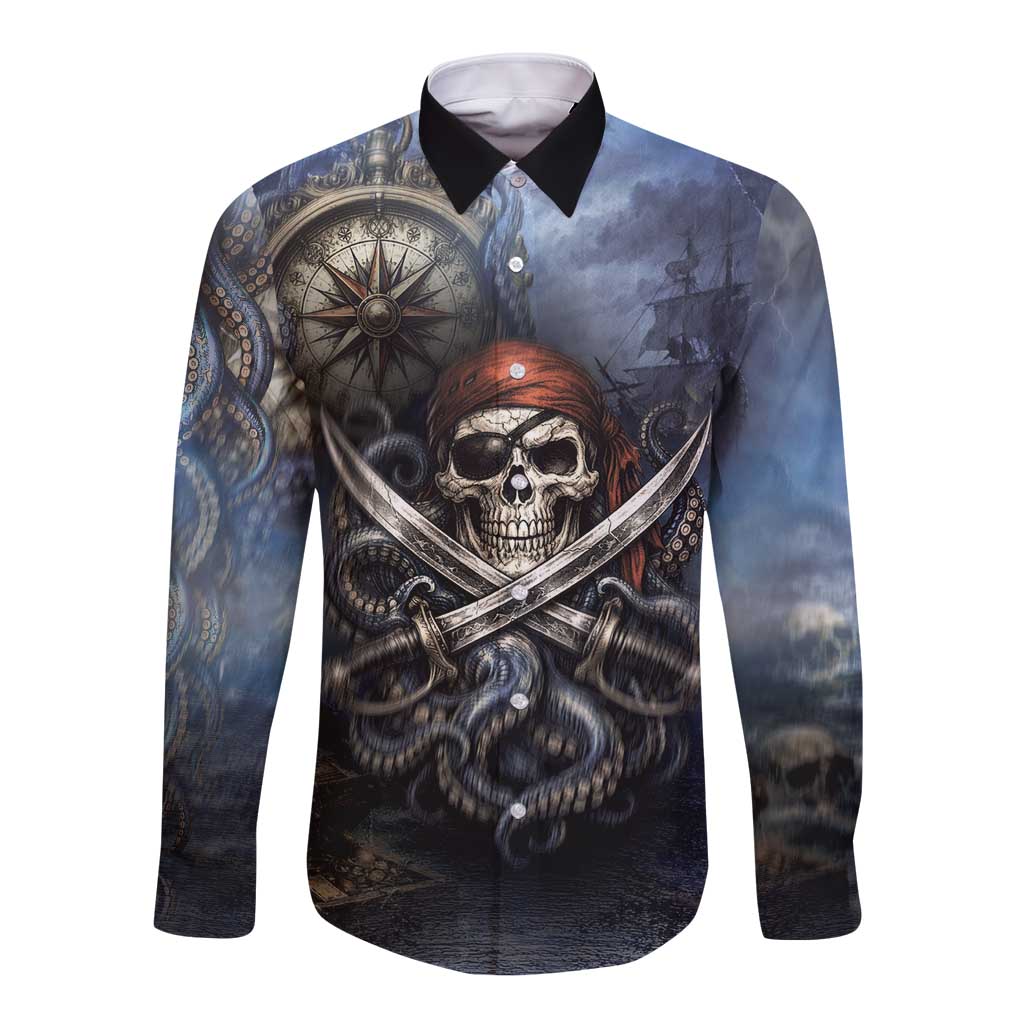Pirates Skull Long Sleeve Button Shirt Kraken Sea Monster Tentacles Deep Legend