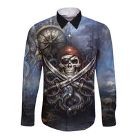 Pirates Skull Long Sleeve Button Shirt Kraken Sea Monster Tentacles Deep Legend