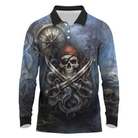 Pirates Skull Long Sleeve Polo Shirt Kraken Sea Monster Tentacles Deep Legend