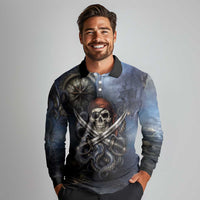 Pirates Skull Long Sleeve Polo Shirt Kraken Sea Monster Tentacles Deep Legend