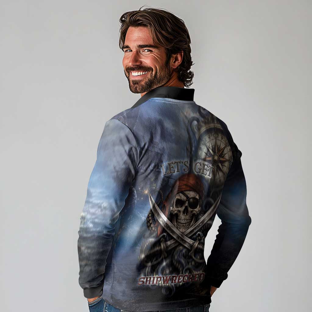 Pirates Skull Long Sleeve Polo Shirt Kraken Sea Monster Tentacles Deep Legend