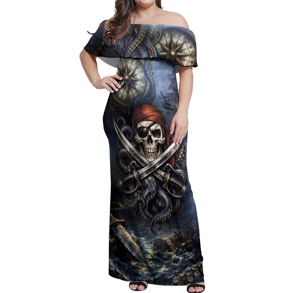 Pirates Skull Off Shoulder Maxi Dress Kraken Sea Monster Tentacles Deep Legend